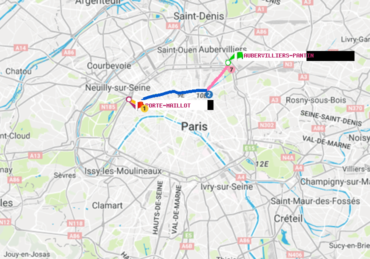plan itinéraire ratp de Aubervilliers Pantin (4 Chemins) à Porte Maillot