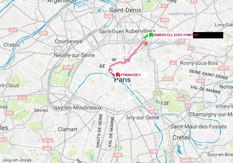 plan itinéraire ratp de Aubervilliers Pantin (4 Chemins) à Pyramides