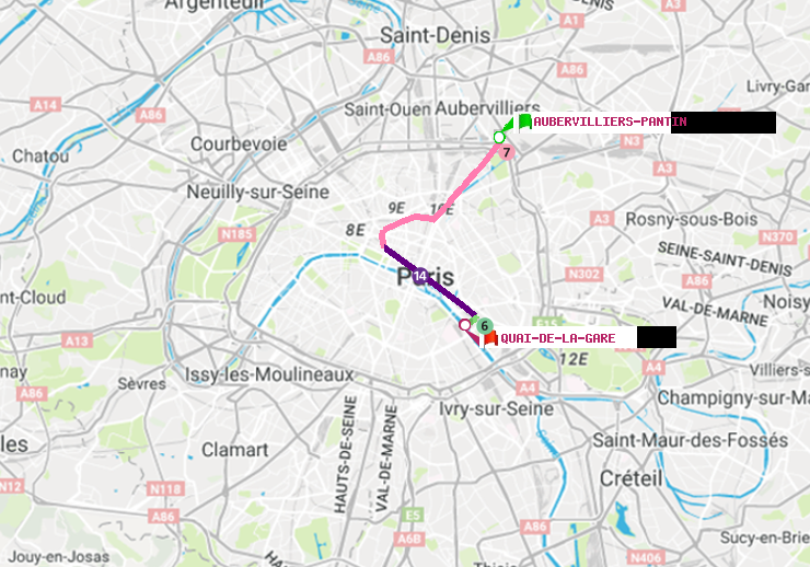 plan itinéraire ratp de Aubervilliers Pantin (4 Chemins) à Quai de la Gare
