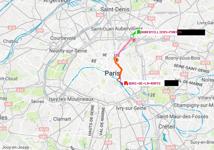 plan itinéraire ratp de Aubervilliers Pantin (4 Chemins) à Quai de la Rapée