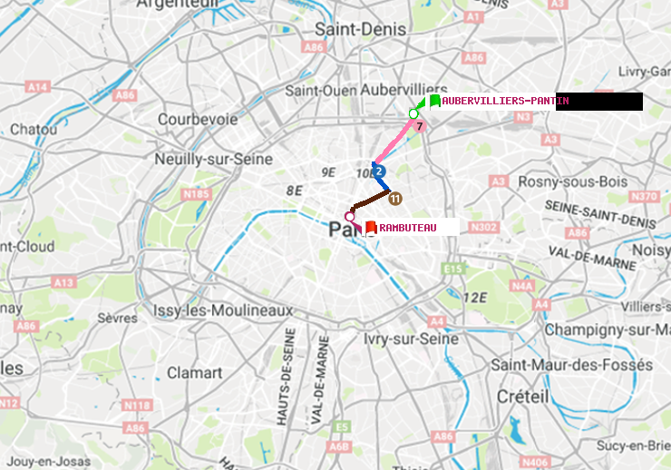 plan itinéraire ratp de Aubervilliers Pantin (4 Chemins) à Rambuteau