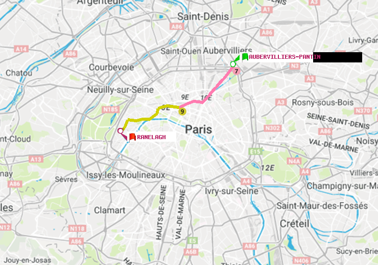 plan itinéraire ratp de Aubervilliers Pantin (4 Chemins) à Ranelagh