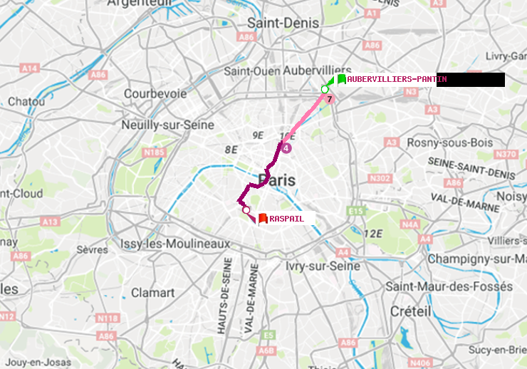 plan itinéraire ratp de Aubervilliers Pantin (4 Chemins) à Raspail