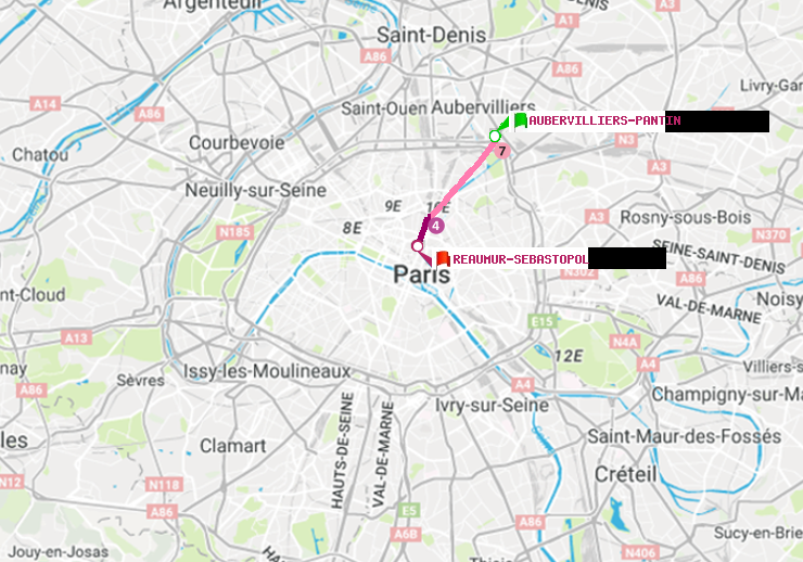plan itinéraire ratp de Aubervilliers Pantin (4 Chemins) à Réaumur-Sébastopol