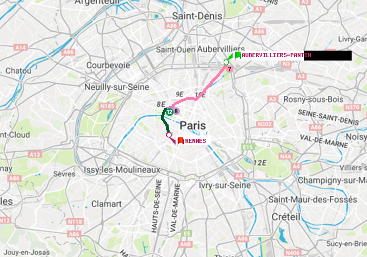 plan itinéraire ratp de Aubervilliers Pantin (4 Chemins) à Rennes