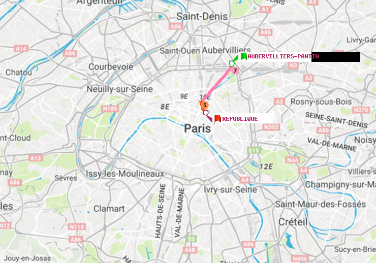 plan itinéraire ratp de Aubervilliers Pantin (4 Chemins) à République