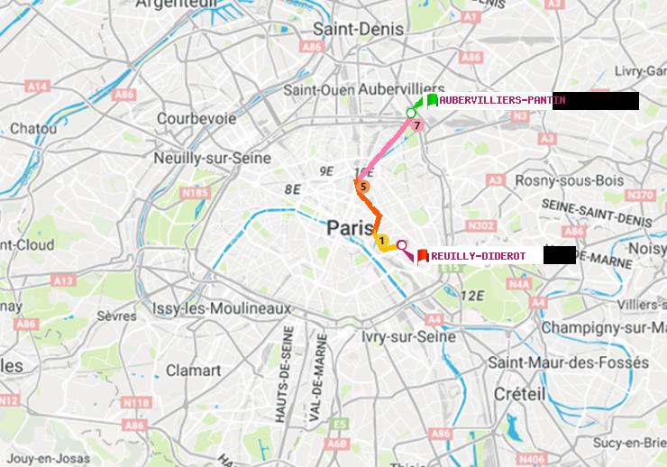 plan itinéraire ratp de Aubervilliers Pantin (4 Chemins) à Reuilly-Diderot