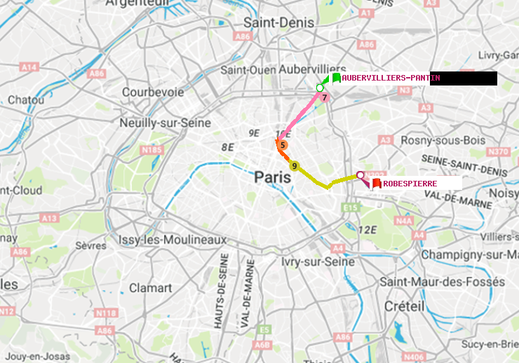 plan itinéraire ratp de Aubervilliers Pantin (4 Chemins) à Robespierre