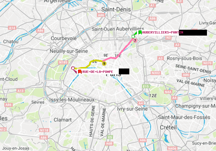 plan itinéraire ratp de Aubervilliers Pantin (4 Chemins) à Rue de la Pompe (Avenue Georges Mandel)