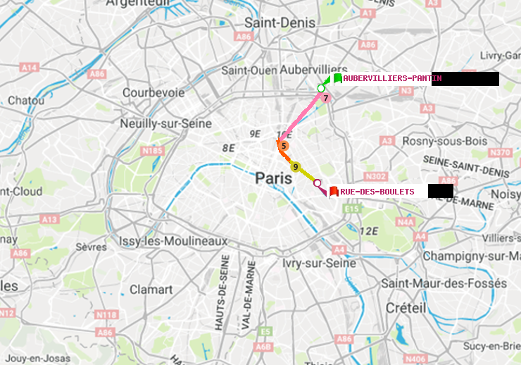 plan itinéraire ratp de Aubervilliers Pantin (4 Chemins) à Rue des Boulets