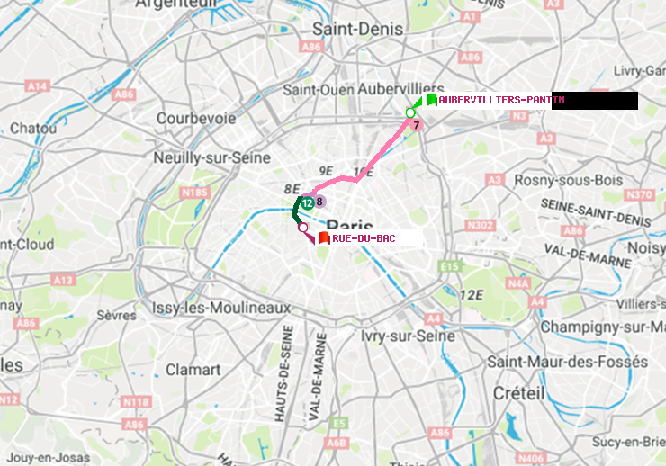 plan itinéraire ratp de Aubervilliers Pantin (4 Chemins) à Rue du Bac