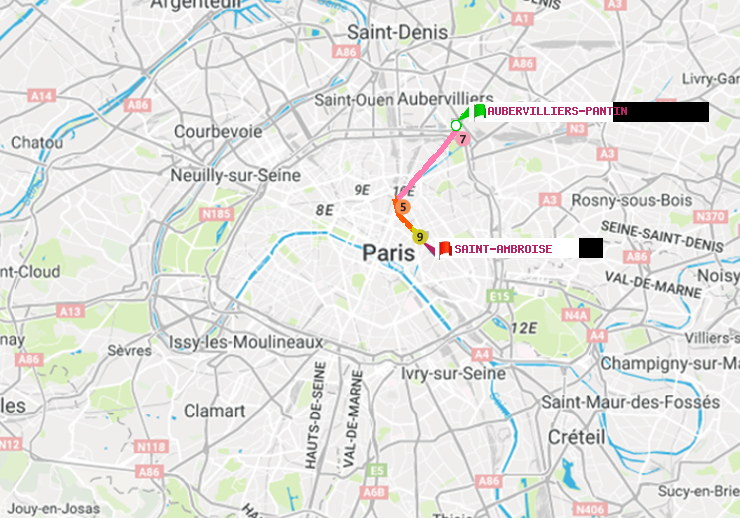 plan itinéraire ratp de Aubervilliers Pantin (4 Chemins) à Saint-Ambroise