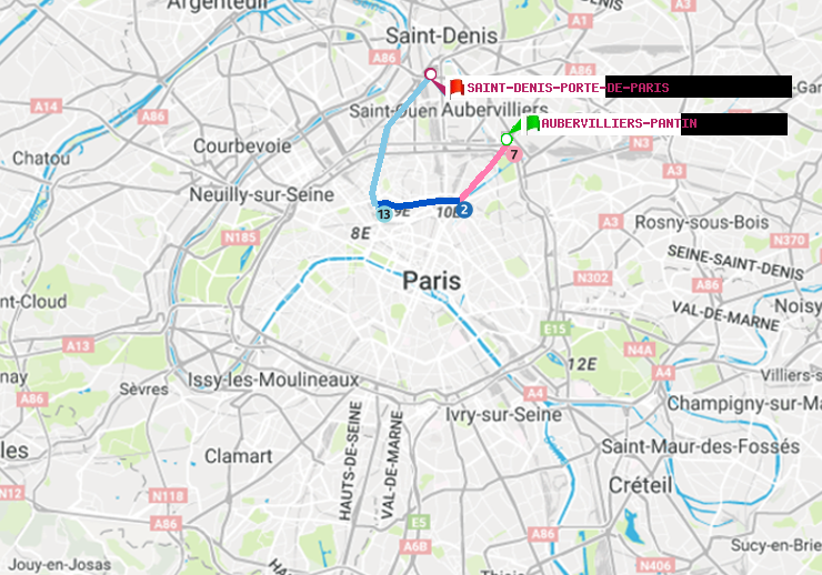 plan itinéraire ratp de Aubervilliers Pantin (4 Chemins) à Saint-Denis-Porte de Paris