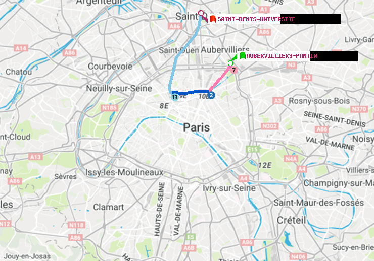 plan itinéraire ratp de Aubervilliers Pantin (4 Chemins) à Saint-Denis-Universite