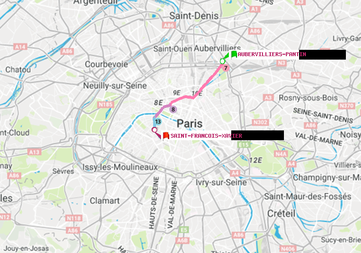 plan itinéraire ratp de Aubervilliers Pantin (4 Chemins) à Saint-Francois-Xavier