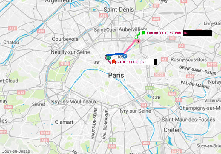 plan itinéraire ratp de Aubervilliers Pantin (4 Chemins) à Saint-Georges