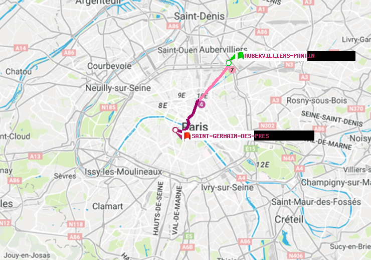 plan itinéraire ratp de Aubervilliers Pantin (4 Chemins) à Saint-Germain des Prés