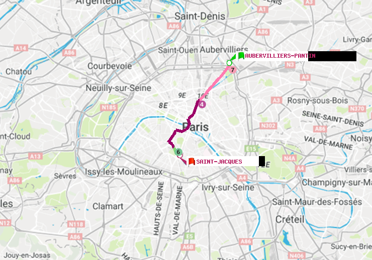 plan itinéraire ratp de Aubervilliers Pantin (4 Chemins) à Saint-Jacques