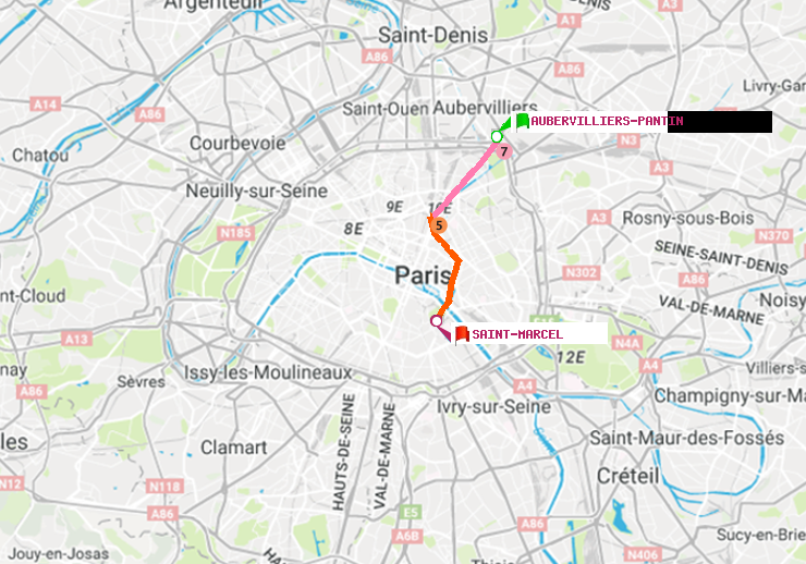plan itinéraire ratp de Aubervilliers Pantin (4 Chemins) à Saint-Marcel