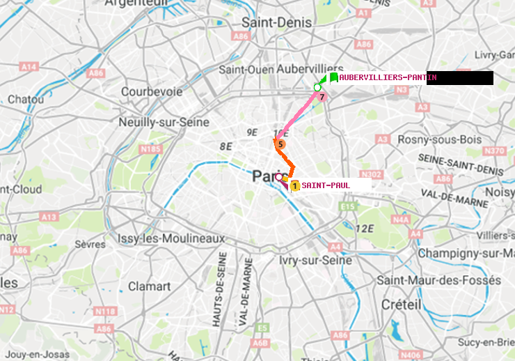 plan itinéraire ratp de Aubervilliers Pantin (4 Chemins) à Saint-Paul (Le Marais)