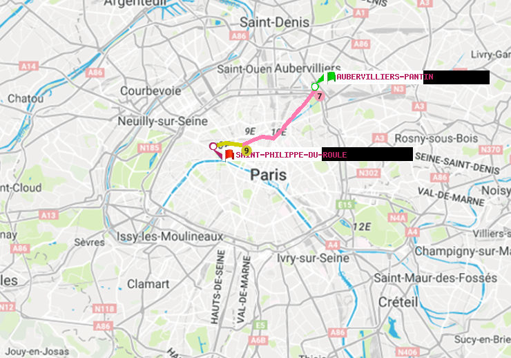 plan itinéraire ratp de Aubervilliers Pantin (4 Chemins) à Saint-Philippe du Roule