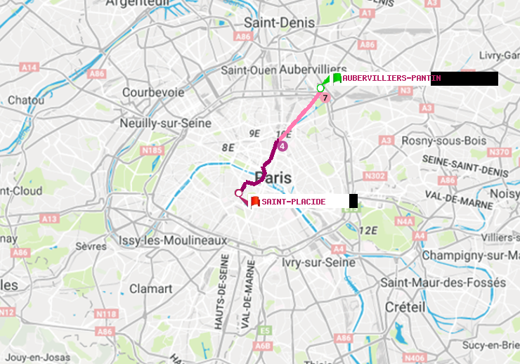 plan itinéraire ratp de Aubervilliers Pantin (4 Chemins) à Saint-Placide