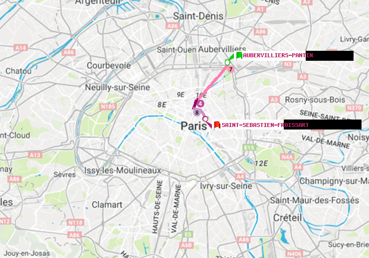 plan itinéraire ratp de Aubervilliers Pantin (4 Chemins) à Saint-Sébastien-Froissart