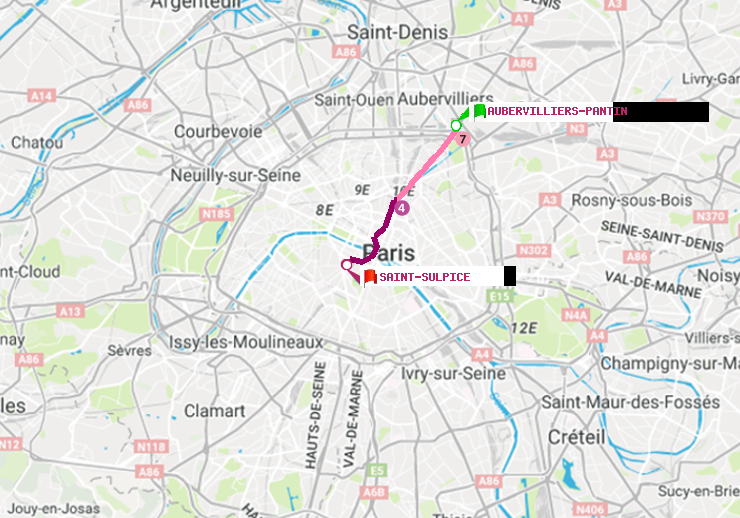 plan itinéraire ratp de Aubervilliers Pantin (4 Chemins) à Saint-Sulpice