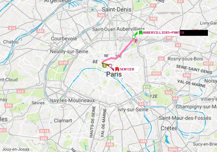 plan itinéraire ratp de Aubervilliers Pantin (4 Chemins) à Sentier