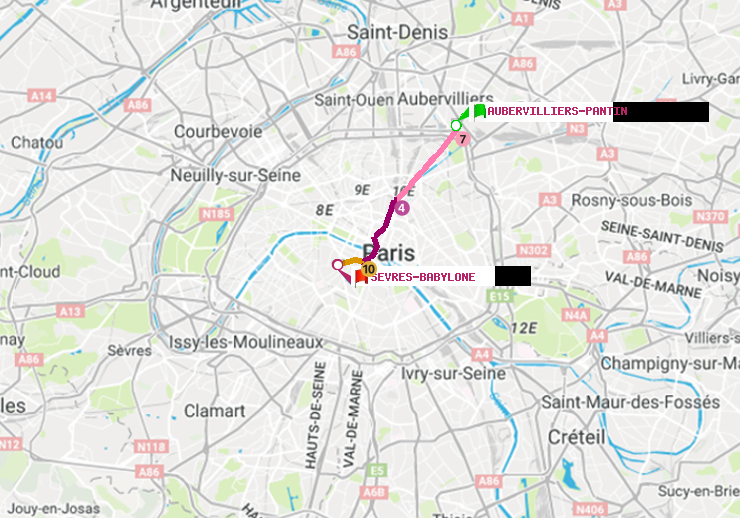 plan itinéraire ratp de Aubervilliers Pantin (4 Chemins) à Sèvres-Babylone