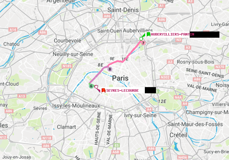 plan itinéraire ratp de Aubervilliers Pantin (4 Chemins) à Sèvres-Lecourbe