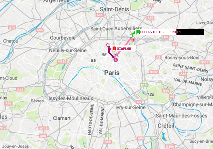 plan itinéraire ratp de Aubervilliers Pantin (4 Chemins) à Simplon