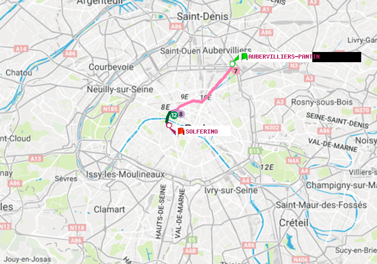 plan itinéraire ratp de Aubervilliers Pantin (4 Chemins) à Solférino