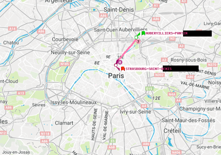 plan itinéraire ratp de Aubervilliers Pantin (4 Chemins) à Strasbourg-Saint-Denis