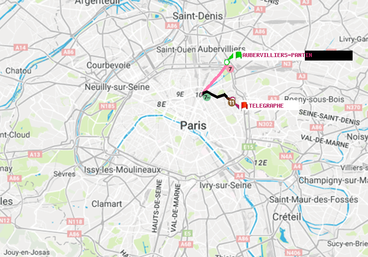 plan itinéraire ratp de Aubervilliers Pantin (4 Chemins) à Telegraphe