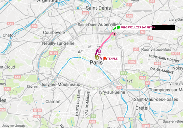 plan itinéraire ratp de Aubervilliers Pantin (4 Chemins) à Temple