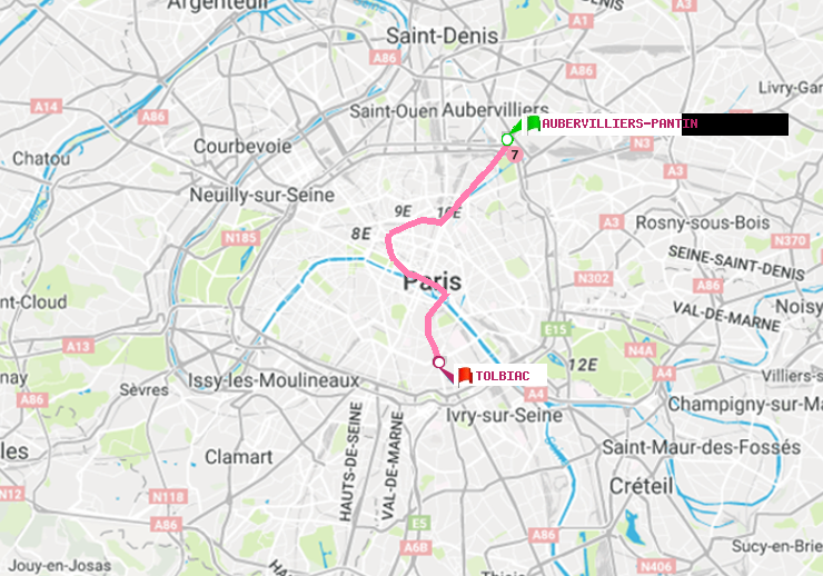 plan itinéraire ratp de Aubervilliers Pantin (4 Chemins) à Tolbiac