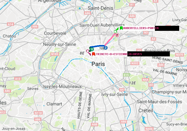 plan itinéraire ratp de Aubervilliers Pantin (4 Chemins) à Trinité-d