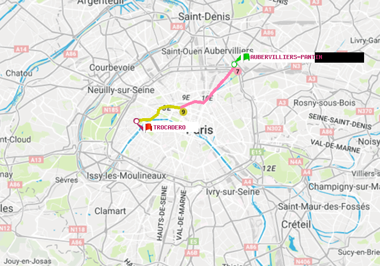 plan itinéraire ratp de Aubervilliers Pantin (4 Chemins) à Trocadéro