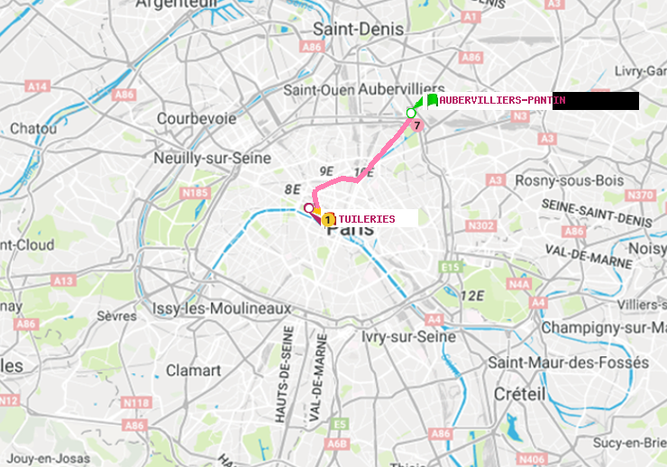 plan itinéraire ratp de Aubervilliers Pantin (4 Chemins) à Tuileries