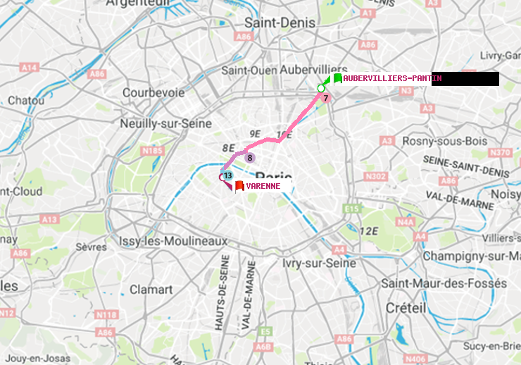 plan itinéraire ratp de Aubervilliers Pantin (4 Chemins) à Varenne