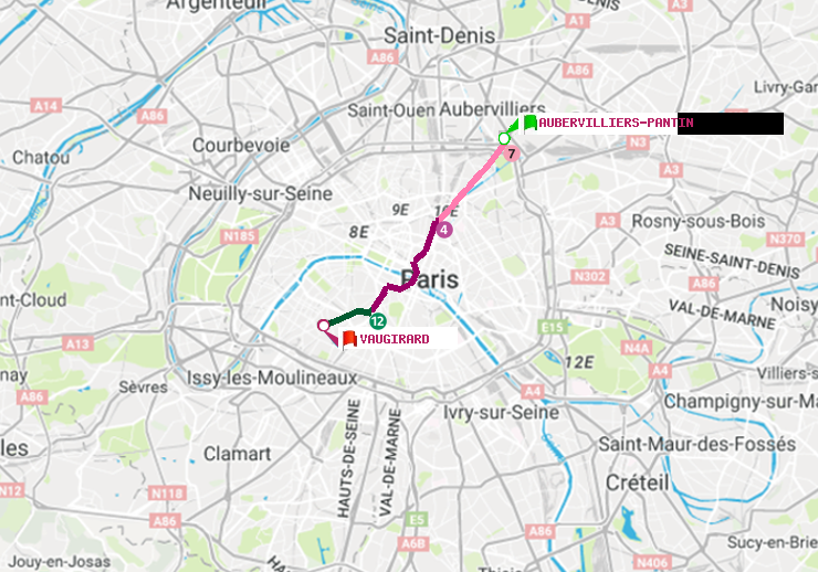plan itinéraire ratp de Aubervilliers Pantin (4 Chemins) à Vaugirard (Adolphe Chérioux)