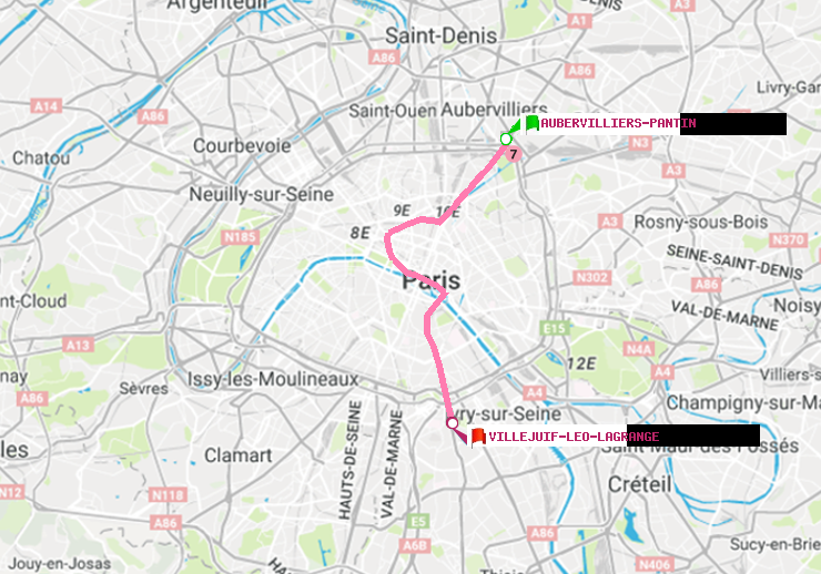 plan itinéraire ratp de Aubervilliers Pantin (4 Chemins) à Villejuif-Léo Lagrange