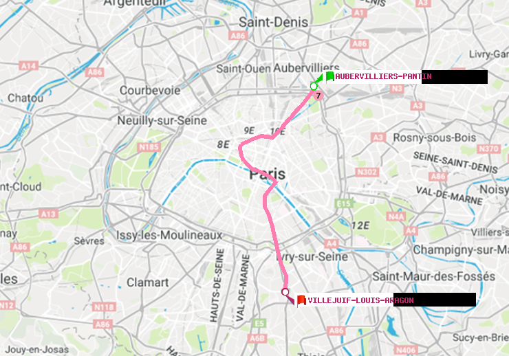 plan itinéraire ratp de Aubervilliers Pantin (4 Chemins) à Villejuif-Louis Aragon