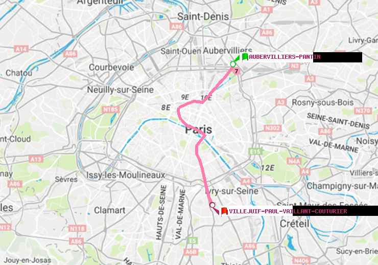 plan itinéraire ratp de Aubervilliers Pantin (4 Chemins) à Villejuif-Paul Vaillant Couturier (Hôpital Paul Brousse)