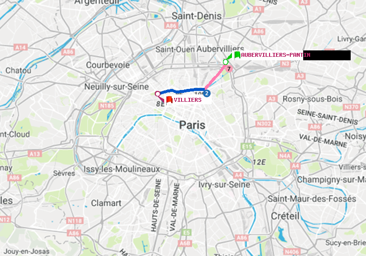 plan itinéraire ratp de Aubervilliers Pantin (4 Chemins) à Villiers