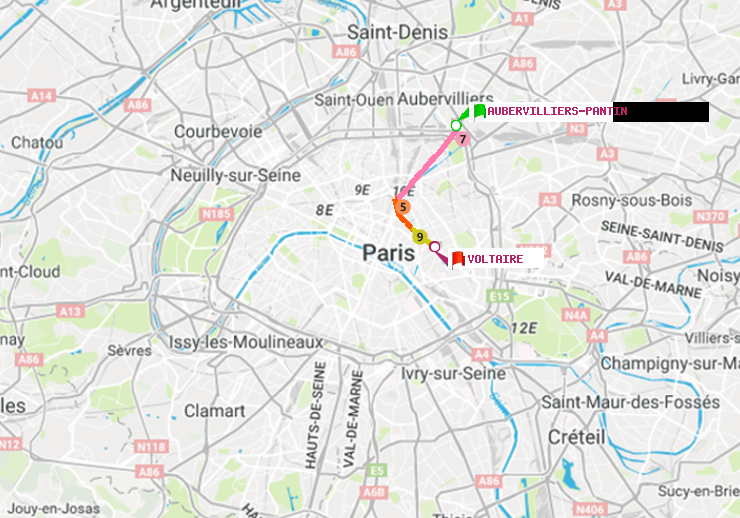 plan itinéraire ratp de Aubervilliers Pantin (4 Chemins) à Voltaire (Léon Blum)