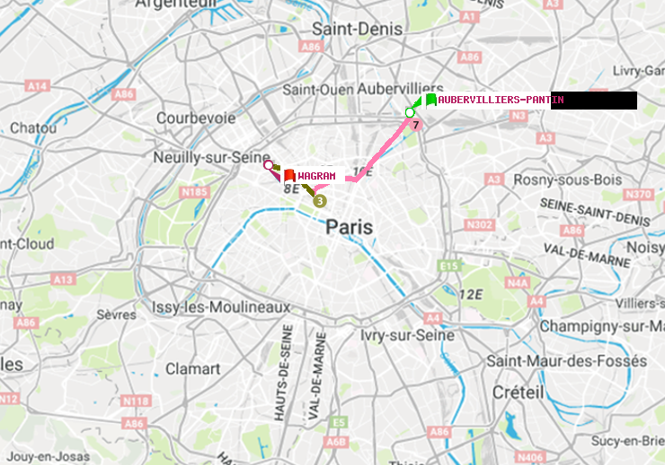 plan itinéraire ratp de Aubervilliers Pantin (4 Chemins) à Wagram
