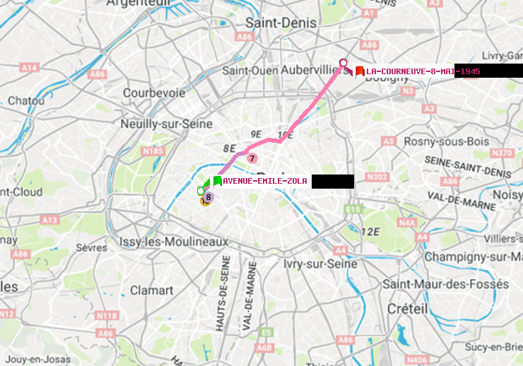 plan itinéraire ratp de Avenue Emile-Zola à La Courneuve-8-Mai-1945