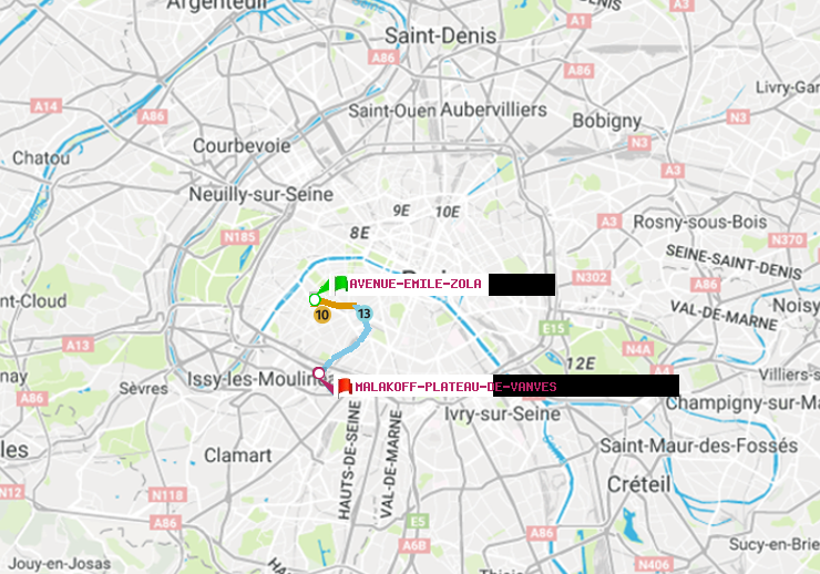 plan itinéraire ratp de Avenue Emile-Zola à Malakoff-Plateau de Vanves